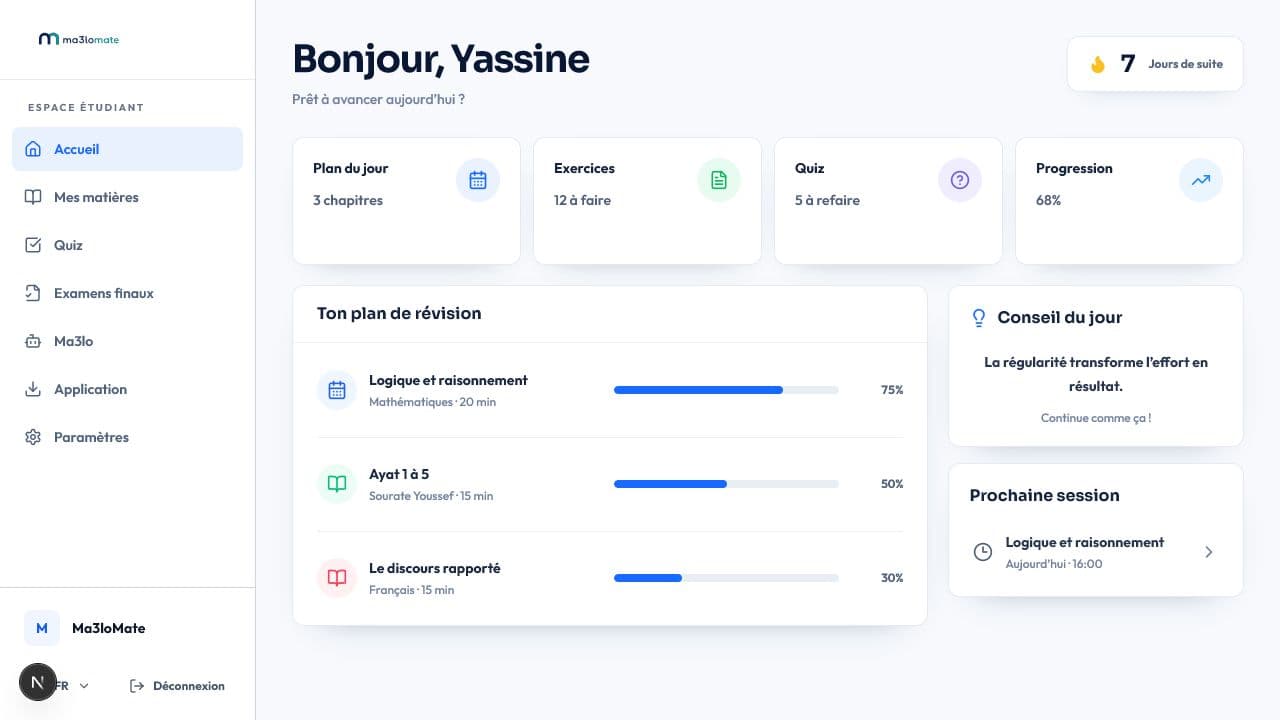Tableau de bord Ma3loMate avec plan d'étude, progression et sessions
